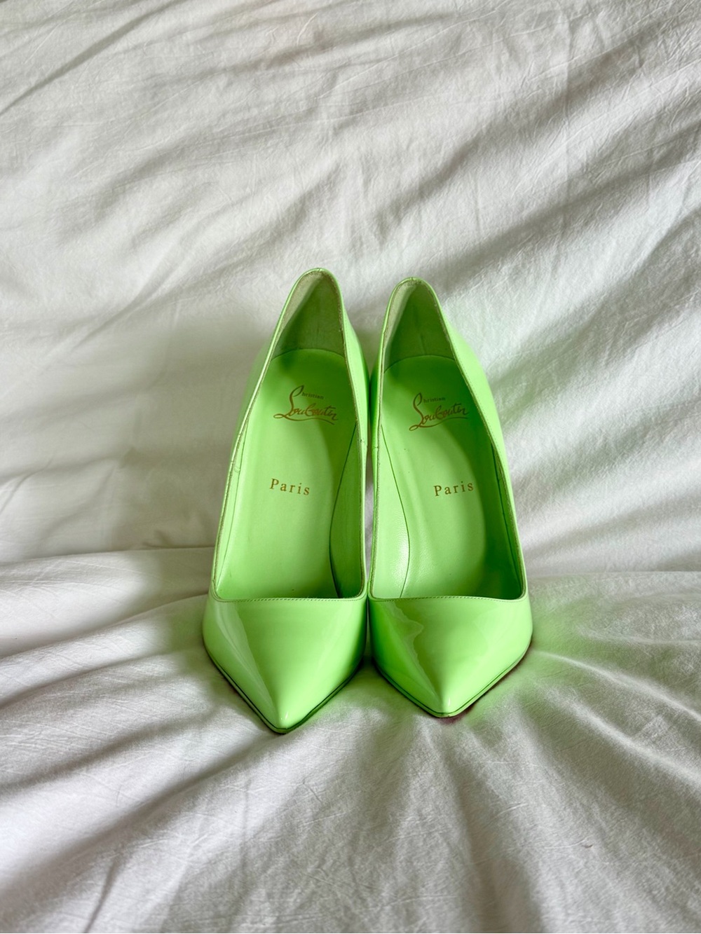 Christian Louboutin Mint Green Patent Leather Pointed-Toe Pumps